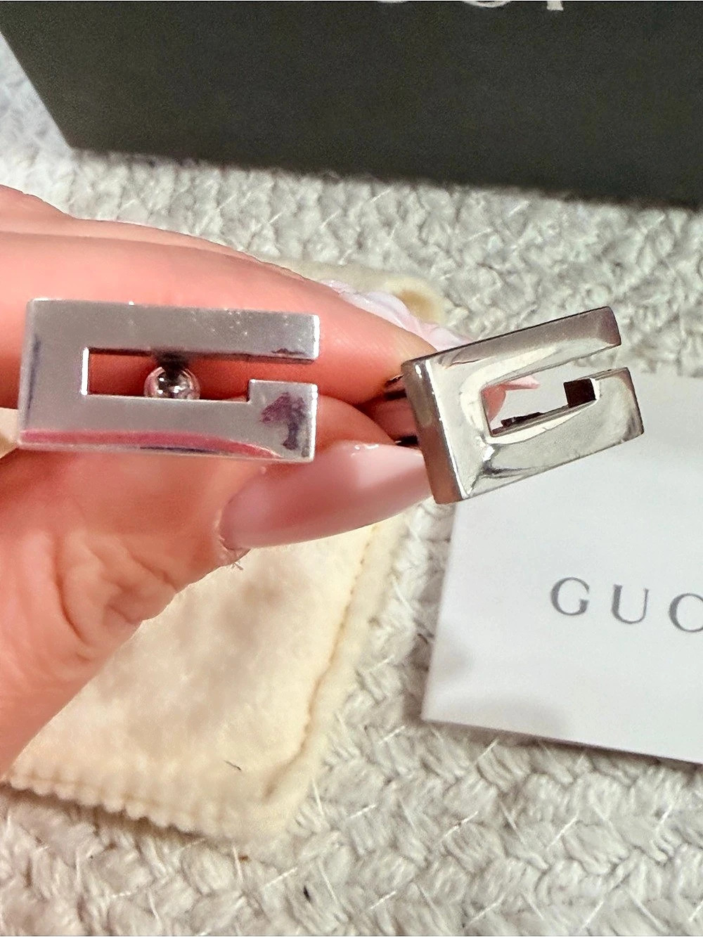 Gucci Sterling Silver G-Style Rectangle Cufflinks Box Pouch